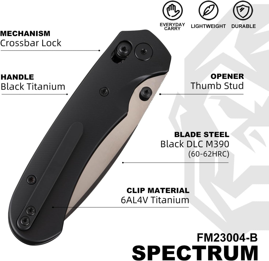 Folding Pocket Knife, 3.31'' M390 Blade, Erogonomic Titanium Handle, Pocket Knife for Men, EDC Knife for Hunting, Outdoor Survival Fishing Hiking Camping Knives (Black)