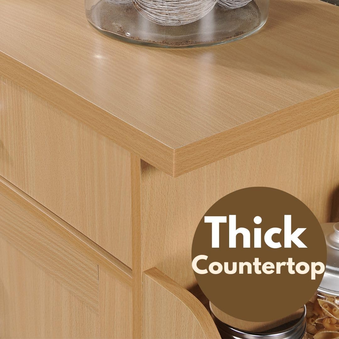 Hodedah Rolling Wood Kitchen Island Cart with Spice Rack, Towel Rack, Utensil Drawer plus Cabinet, Beech