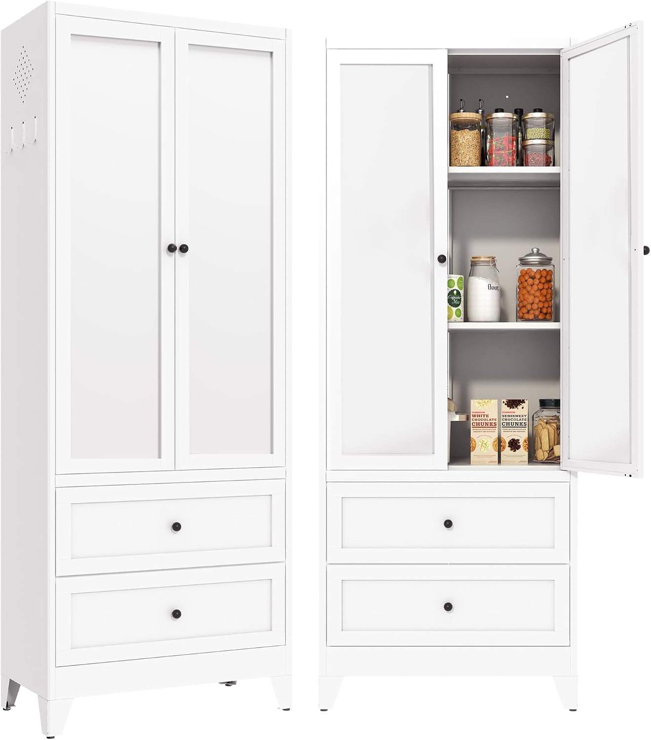 72' Tall Kitchen Pantry Cabinet,White Metal Pantry Cabinet with 2 Drawers & 2 Adjustable Shelves,Utility Storage Cabinet for Living Room,Garage,Basement