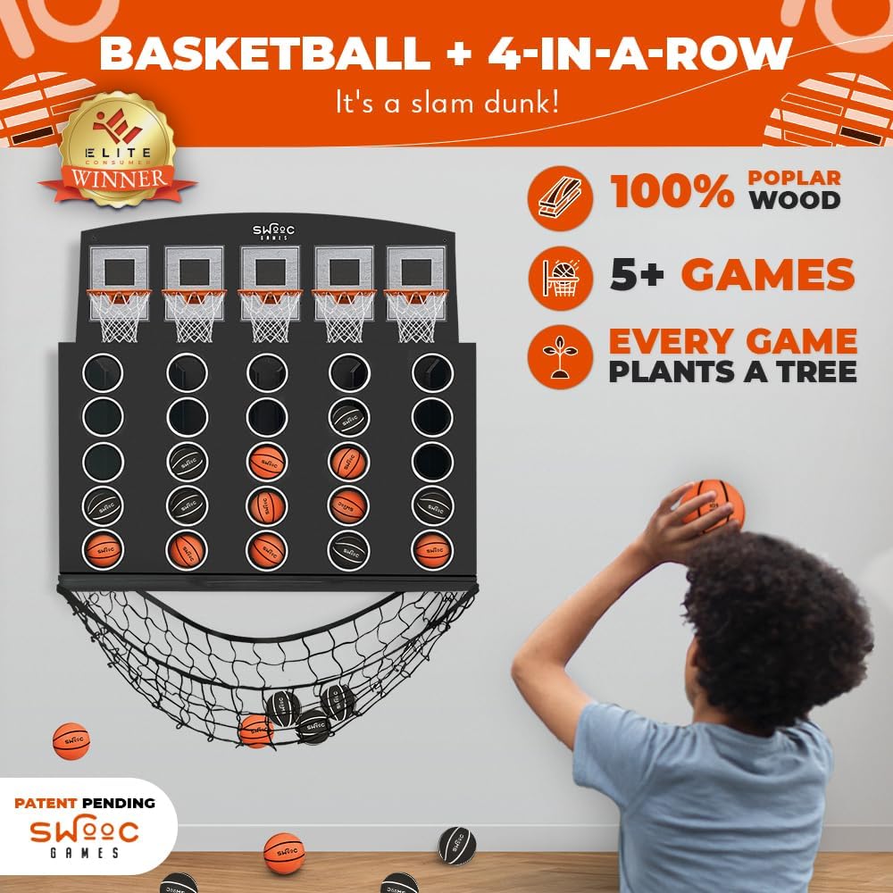 Swooc Games - Low Post Lineup | Wall Mounted Giant Basketball 4 in A Row w/ 5+ Games | Basketball Hoop for Room Wall Games | Game Room Games | Mini Basketball Hoop Indoor Connect | Four in A Row Game