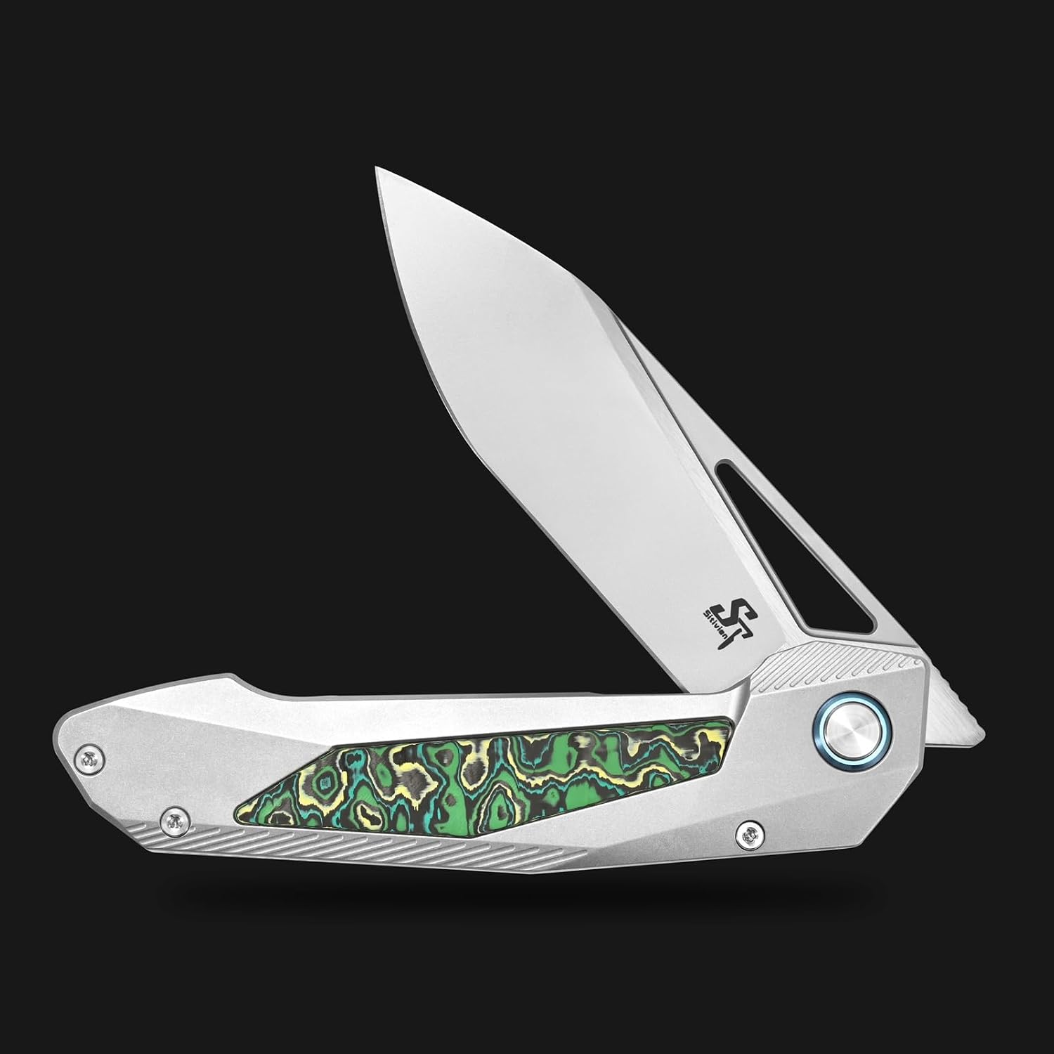 Sitivien ST666 Folding Knife,Handmade M390 Pearlescent Polishing Blade,Titanium & Colorful Carbon Fiber Handle Pocket Knife EDC Tool Knifes for Outdoor Camping,Hiking,Hunting(Green)