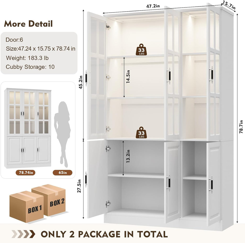 MEISSALIVVE 78.7' Kitchen Pantry Storage Cabinet with LED Lights, Tall Pantry Cabinet with Glass Doors, Kitchen Hutch Utility Pantry, White (47.2' W x 15.7' D)
