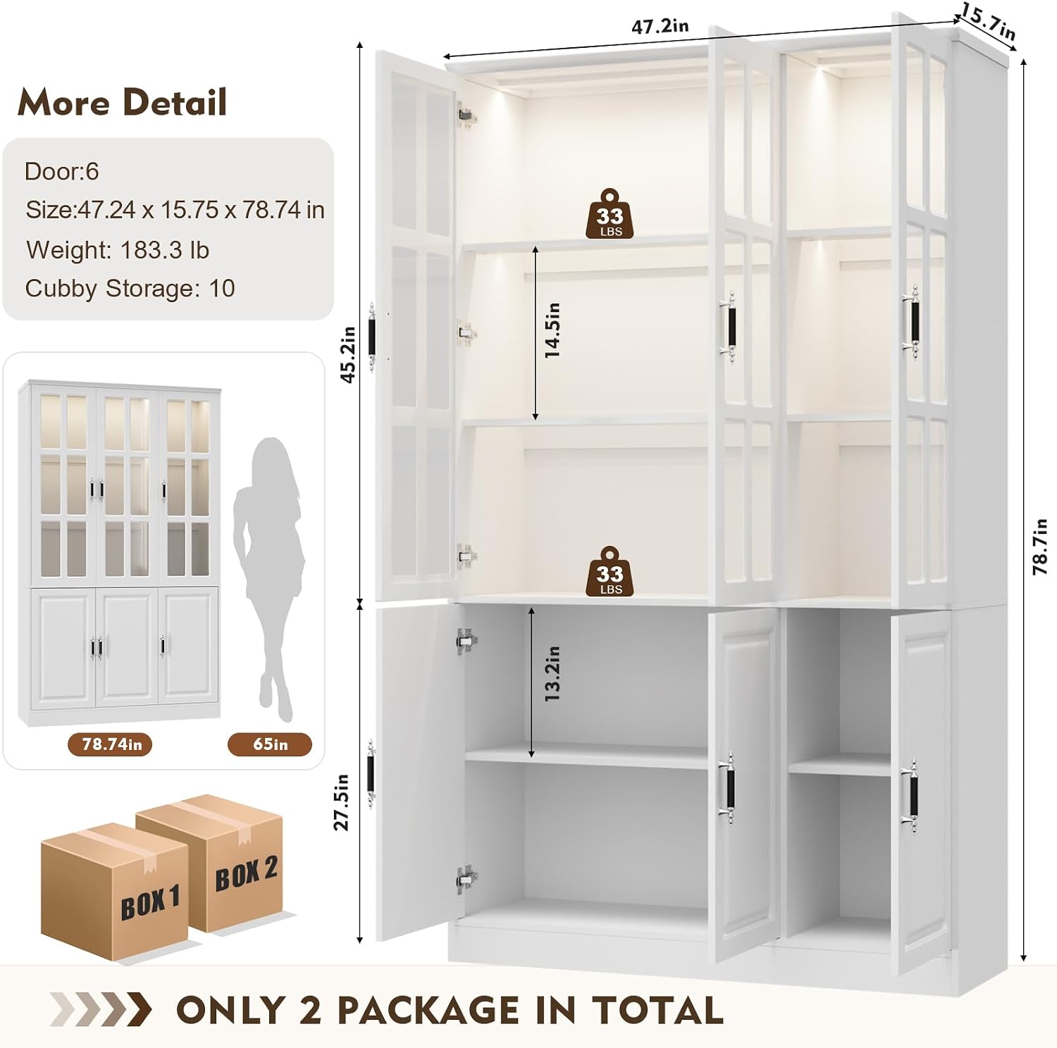 MEISSALIVVE 78.7' Kitchen Pantry Storage Cabinet with LED Lights, Tall Pantry Cabinet with Glass Doors, Kitchen Hutch Utility Pantry, White (47.2' W x 15.7' D)