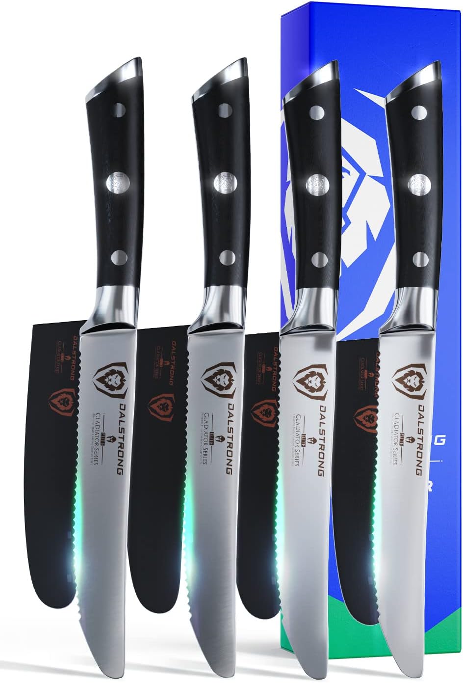 Dalstrong Serrated Steak Knives Set of 4-5 inch Straight Blade Steak Knife Set - Sheaths - Forged German Steel - Black G10 Handle - Gladiator Series Elite - Dinner Set - NSF Cuchillos para Carne