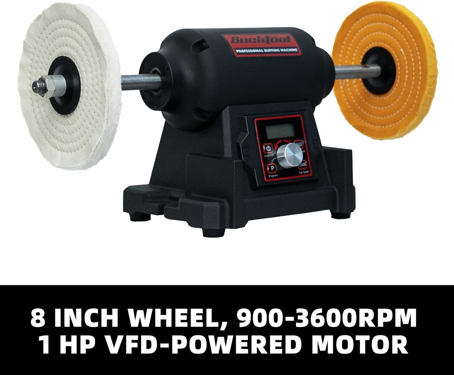 BUCKTOOL 1HP VFD Motor 8-Inch Variable Speed Bench Buffer Polisher, 900-3600 RPM One Button Speed Setting Powerful Benchtop Polisher, Extended Polishing Shaft for Jewelry, Metal Power Bench Grinders