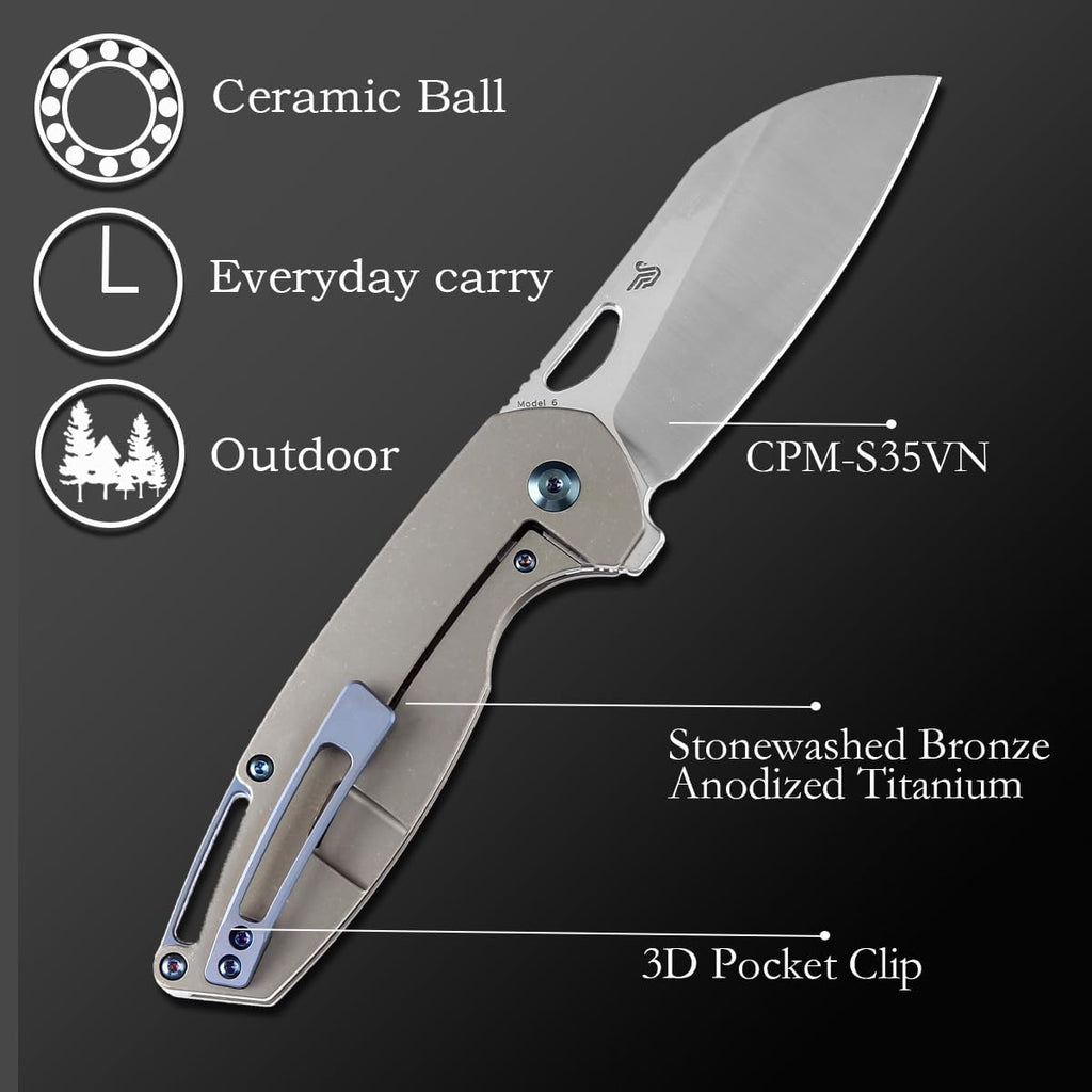 KANSEPT Model 6 Pocket Folding Knives EDC Camping Folding Knife 3.1'' CPM-S35VN Material Pocket Folding Knife with Stonewashed Bronze Anodized Titanium Handle Everyday Carry K1022B5