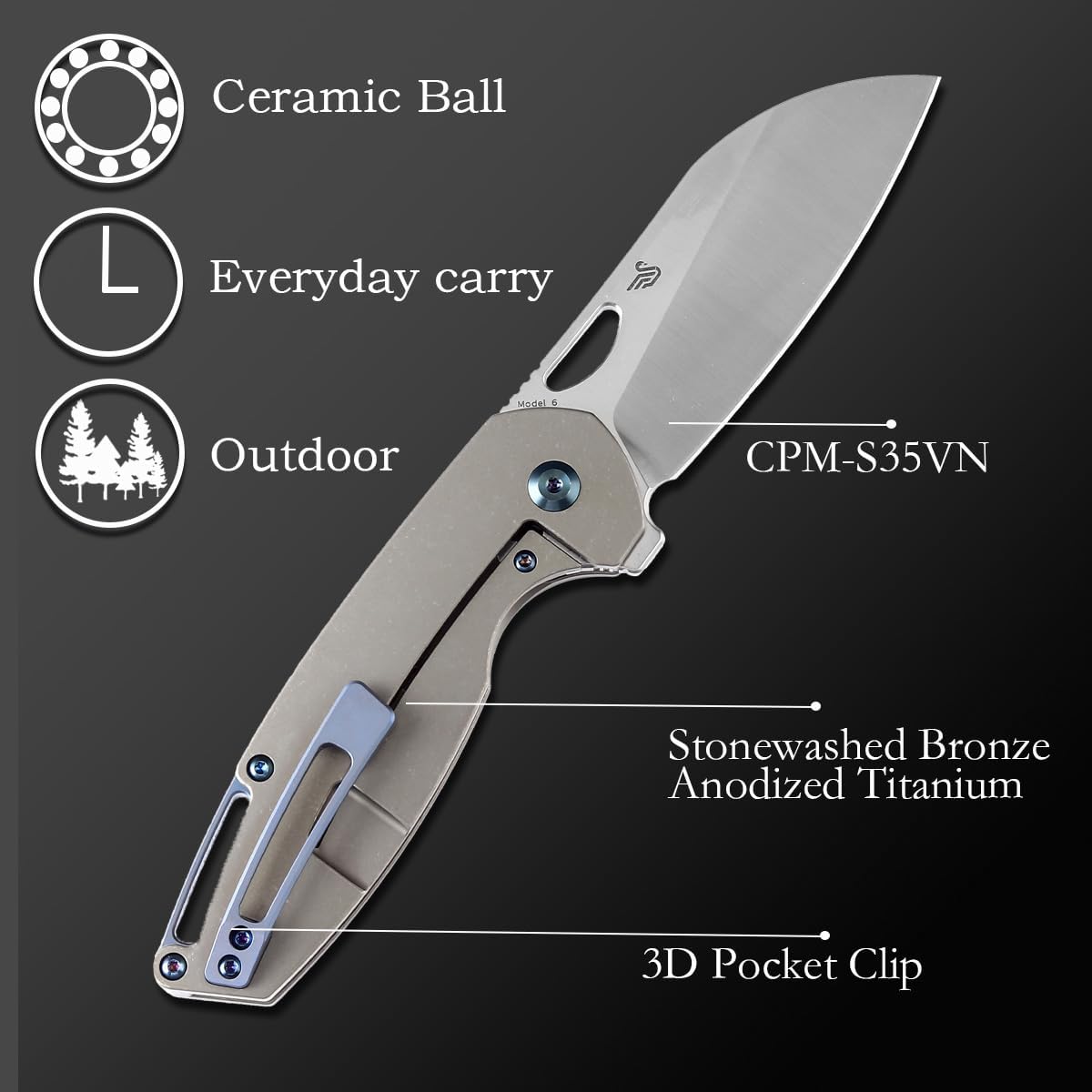 KANSEPT Model 6 Pocket Folding Knives EDC Camping Folding Knife 3.1'' CPM-S35VN Material Pocket Folding Knife with Stonewashed Bronze Anodized Titanium Handle Everyday Carry K1022B5