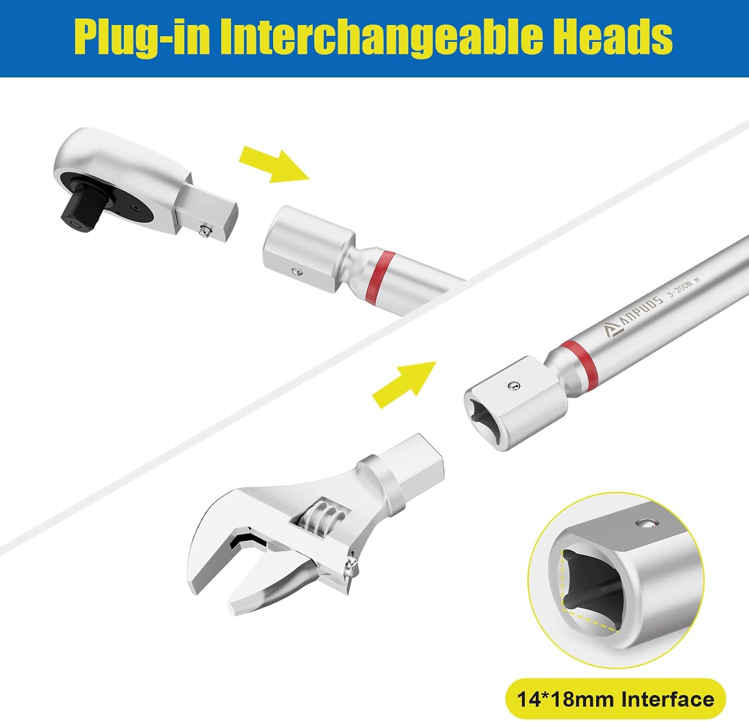 ANPUDS Adjustable Digital Torque Wrench, 2.2-147.5 Ft.lb, ±1% Accuracy | 3-200 Nm, 45mm Jaw & 1/2' Ratchet, 14×18mm Open End, Vibration, Buzzer and LED Indicator, for HVAC, Split AC, Auto, Plumbing