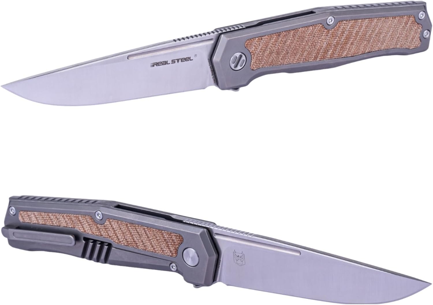 REALSTEEL Knives Rokot Premium Frame Lock Flipper Knife (S35VN Satin Drop Point Blade) Titanium TC-4 Handle (Natural Micarta Inlays)