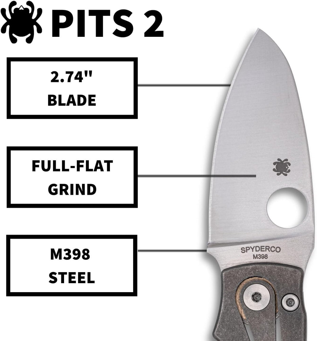 Spyderco Pits 2 Folding Pocket Knife with 2.7' M398 Steel Blade and Titanium Handle - EDC Knife for Men and Women, Perfect for Hunting, Tactical, Camping, Survival, Hiking - PlainEdge - C269TIP
