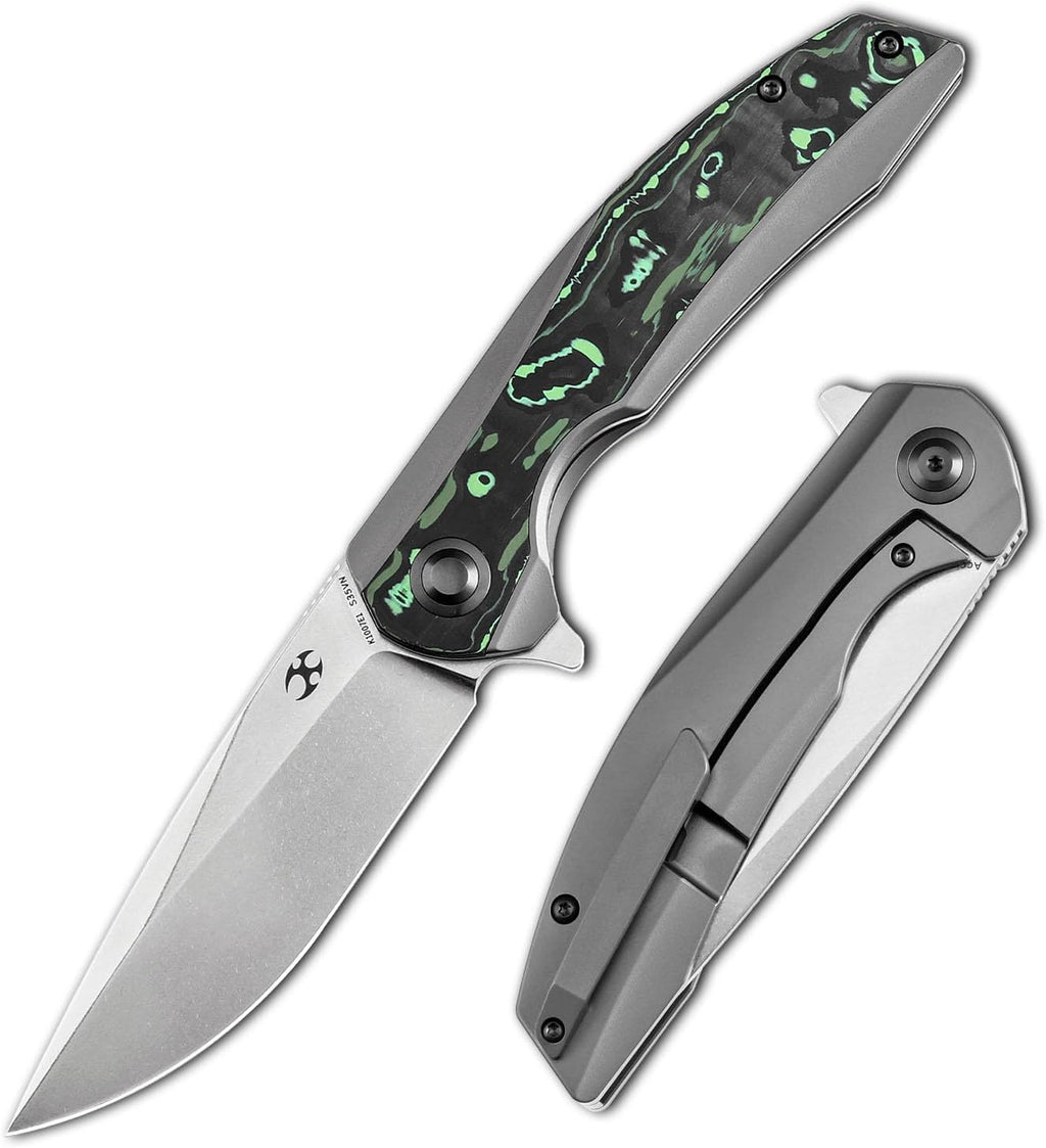 KANSEPT Accipiter Pocket Folding Knives EDC Camping Folding Knife 3.36'' Satin CPM S35VN Blade Pocket Folding Knife with Titanium + Green Carbon Fiber Handle Everyday Carry K1007E1
