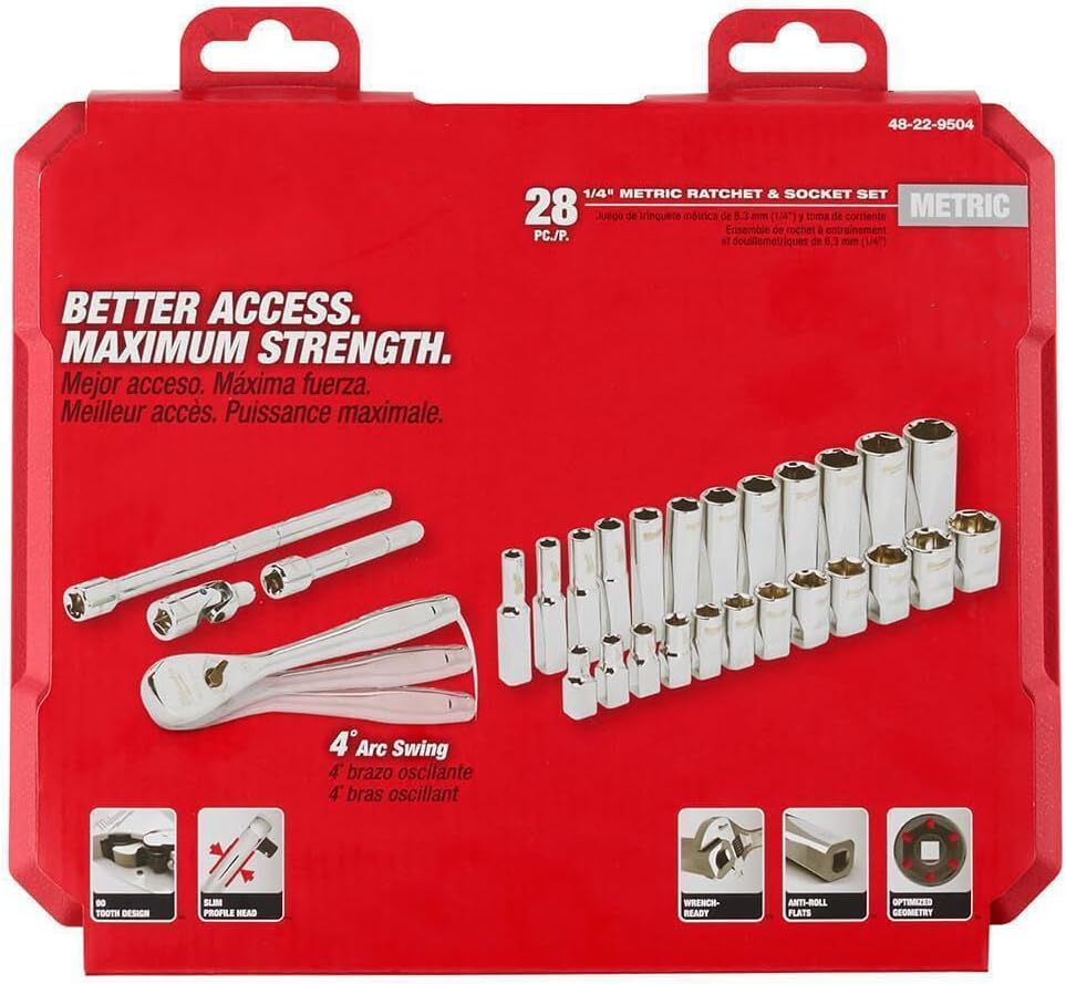 Socket Set For Milwaukee 48-22-9504 1/4-Inch Drive Durable Metric Ratchet and Socket Set (Size:9.5 x 1.7 x 8.7 in) - 28pc, Red