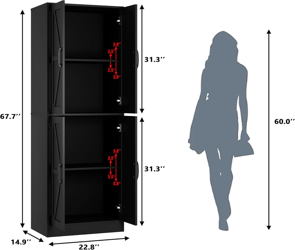 Storage Cabinet,Kitchen Pantry Cabinet,Kitchen Pantry Storage Cabinets with 4 Doors,Tall Kitchen Pantry with Adjustable Shelves,Cupboard for Kitchen,Pantry,Dining Room,Living Room and Bathroom,Black