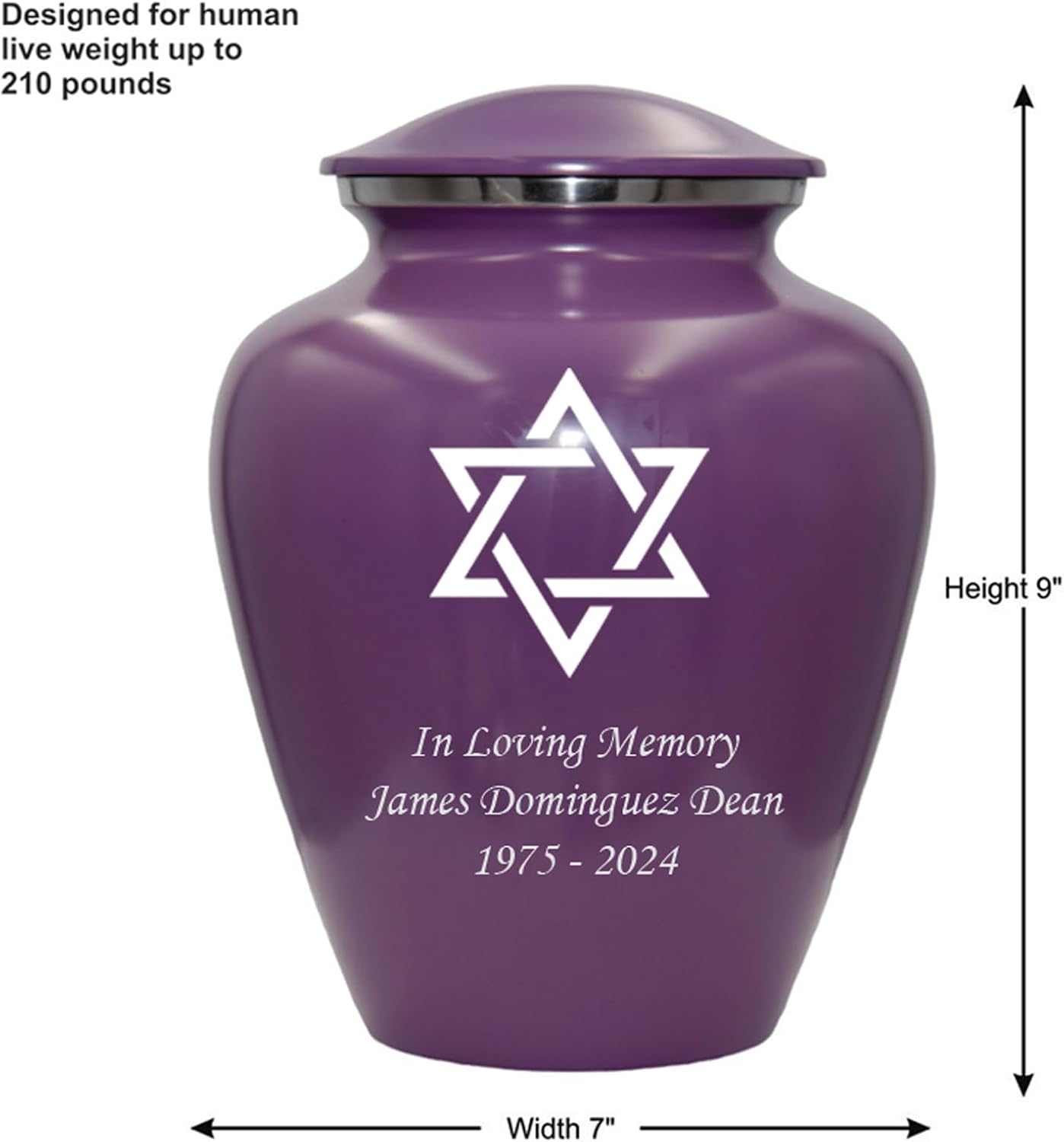 Star of David Blue Cremation Urn for Human Ashes, Jewish Cremation Urn, Religious Ash Urns with Personalized Engraving (Purple)
