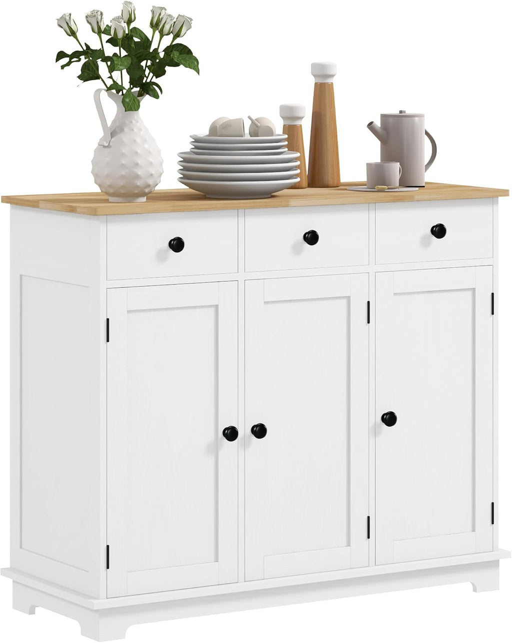 HOMCOM Sideboard Buffet Cabinet with Solid Wood Countertop, Modern Kitchen Storage Cabinet, Coffee Bar Cabinet with 3 Drawers, Doors and Adjustable Shelf, Distressed White