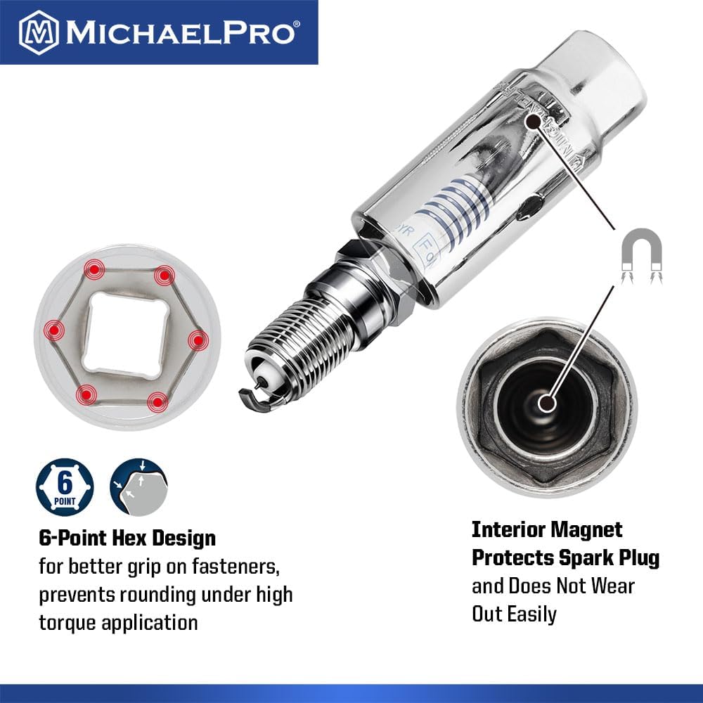 MichaelPro 50-Piece 3/8'' Dr. Socket Set, 90-Tooth Standard & Deep Sockets, SAE 3/8''- 13/16'' & Metric 8-22mm, with Extensions, 8'' Flex Handle, Sliding T-Bar, Universal Joint, CR-V Steel | MP005060