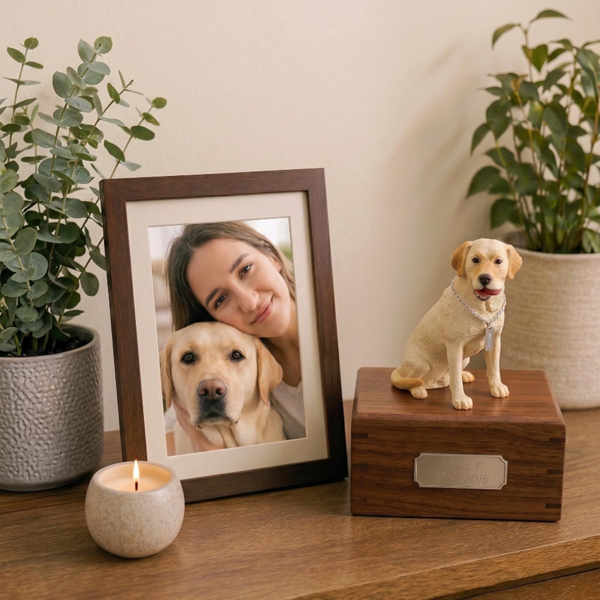 Wooden Dog Urn for Ashes with Yellow Labrador Retriever Figurine | Personalized Pet Memorial Urn with Pewter Engraving | Lab Dog Memorial Gift with Silver Chain & Red Ball by Conversation Concepts