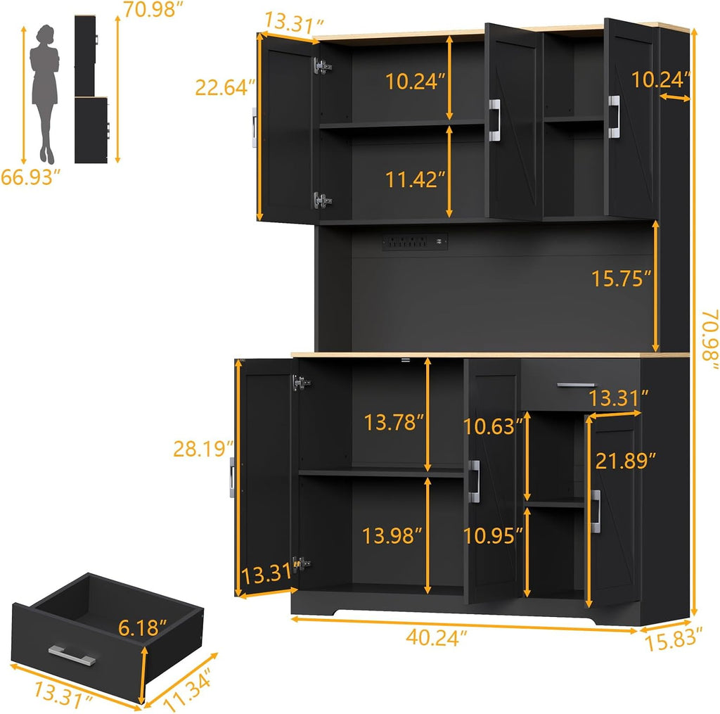 Gyfimoie 71'' Tall Kitchen Pantry Cabinet w/Power Outlet, Farmhouse Kitchen Storage Cabinet Freestanding Hutch w/Drawer, 4 Adjustable Shelf & 6 Doors for Dining (Black, 71''H x 40.24''W x15.28''D)