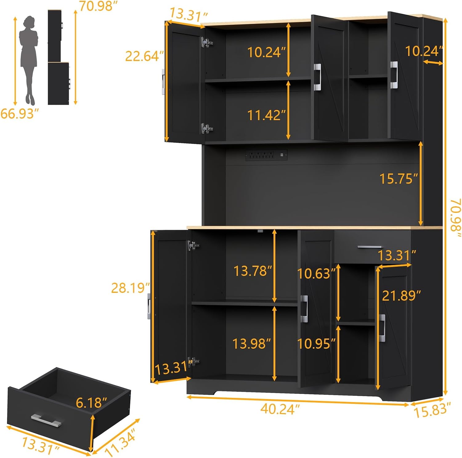 Gyfimoie 71'' Tall Kitchen Pantry Cabinet w/Power Outlet, Farmhouse Kitchen Storage Cabinet Freestanding Hutch w/Drawer, 4 Adjustable Shelf & 6 Doors for Dining (Black, 71''H x 40.24''W x15.28''D)