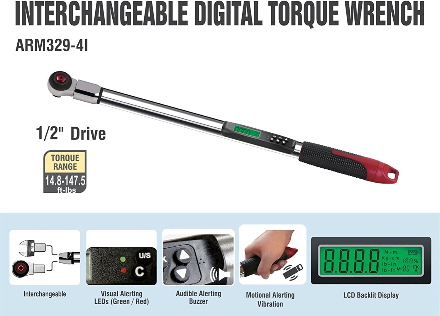 ACDelco ARM329-4i 1/2' Heavy Duty Interchangeable Digital Torque Wrench with Buzzer and LED Flash Notification - ISO 6789 Standards with Certificate of Calibration