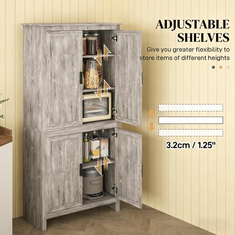 64' Adjustable Shelves Freestanding Storage Cabinet, Kitchen Storage Bakers Rack with Anti-Tipping Design, Utility Food Cupboard with 5-Tier Shelving for Home Kitchen Dining Room, Grey