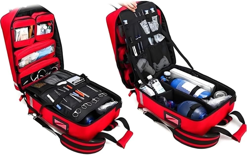 Rolling Medical Bag, Professional First Aid Kits, Nurse Rolling Bag with Removable Dividers, Emergency Responder Trauma Bag, Reflective Strips, for Home, Nurses, Doctors, EMT,(Red)