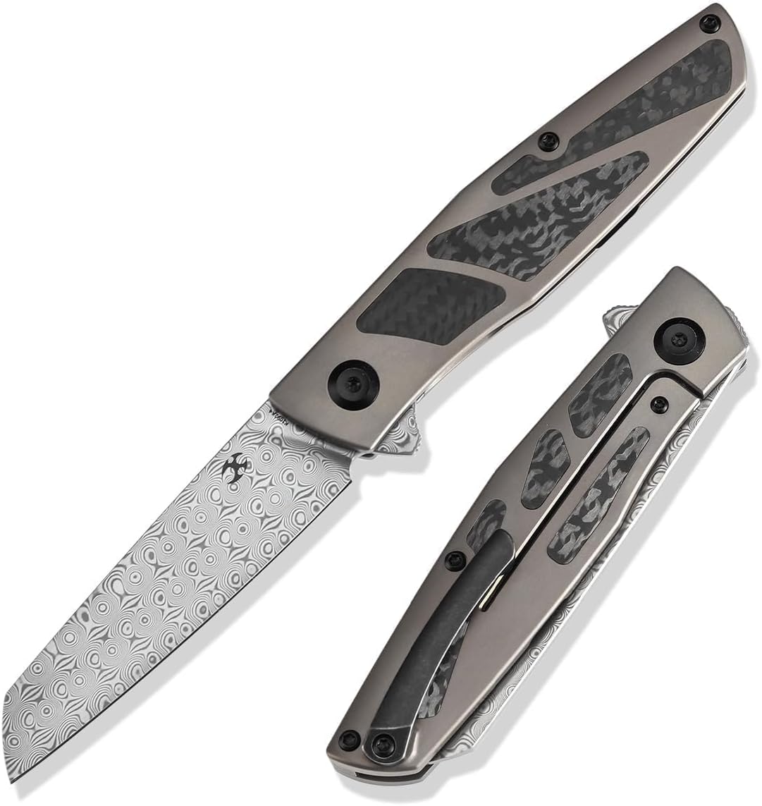 KANSEPT Cru Camping Pocket Knives for Men 8.19in Folding Pocket Knives with 3.46in Damascus and Bronze Anodized Titanium & Twill Carbon Fiber Handle for Outdoor, Tactical, Survival K1092A4
