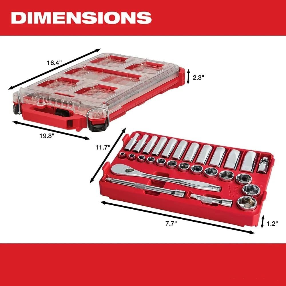 28pc 48-22-9481 for Milwaukee 3/8' Drive Ratchet & Socket Set with PACKOUT Organizer - Silver