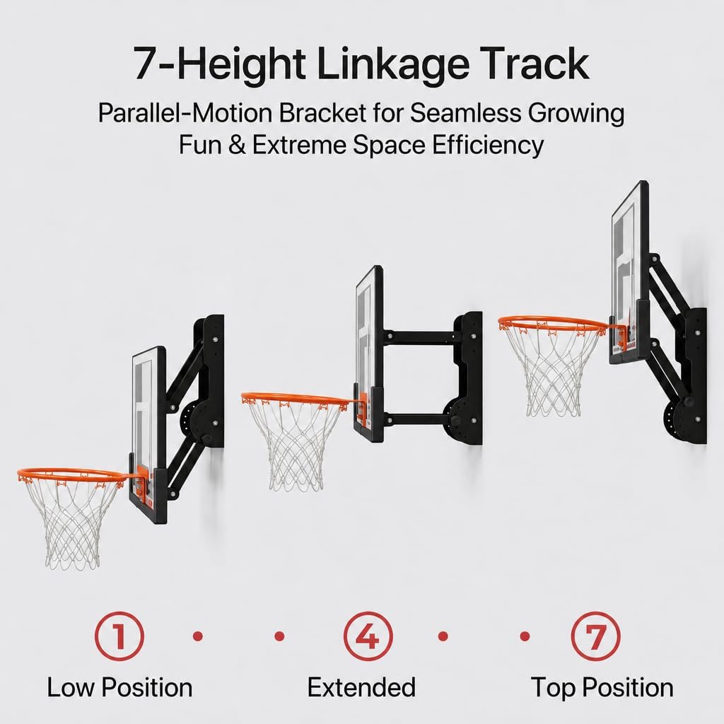 Efficraft Mini Basketball Hoop, Adjustable Indoor Wall Mount, Silent Ball | 7 Level Adjustable Height, Quiet&Bounce Dual Ball Set, Shatter Resistant pc Backboard, Spring Metal Rim, Metal Bracket