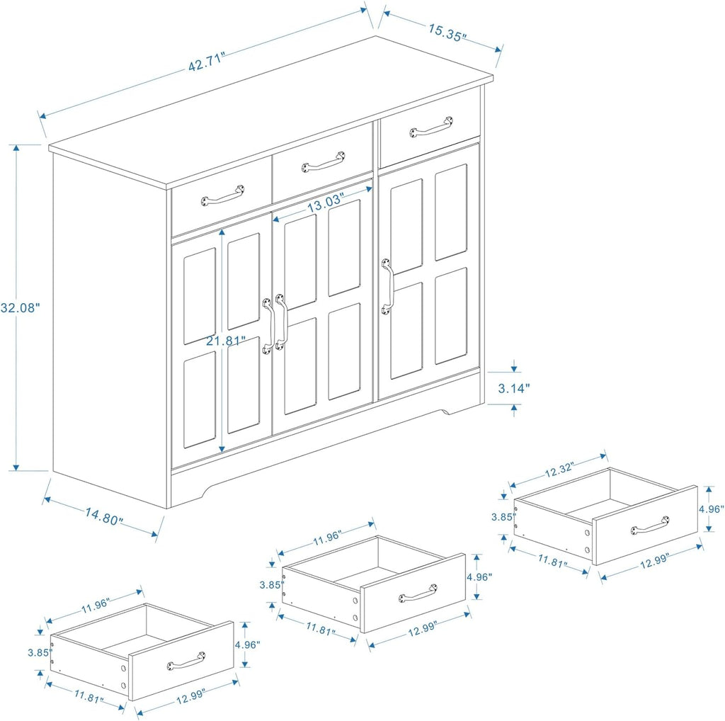 RASOO Sideboard Buffet Cabinet White Field Door Panel Kitchen Side Board Cabinet with Storage 3 Doors and 3 Drawers for Living Room, Kitchen (Grid Doors)