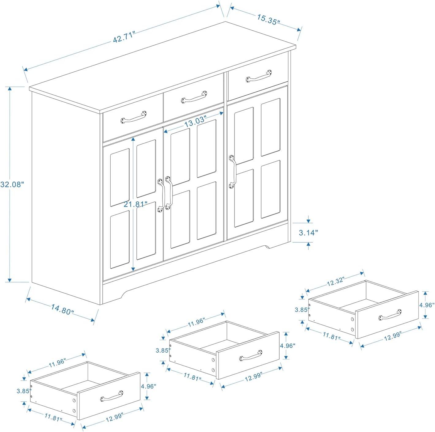 RASOO Sideboard Buffet Cabinet White Field Door Panel Kitchen Side Board Cabinet with Storage 3 Doors and 3 Drawers for Living Room, Kitchen (Grid Doors)