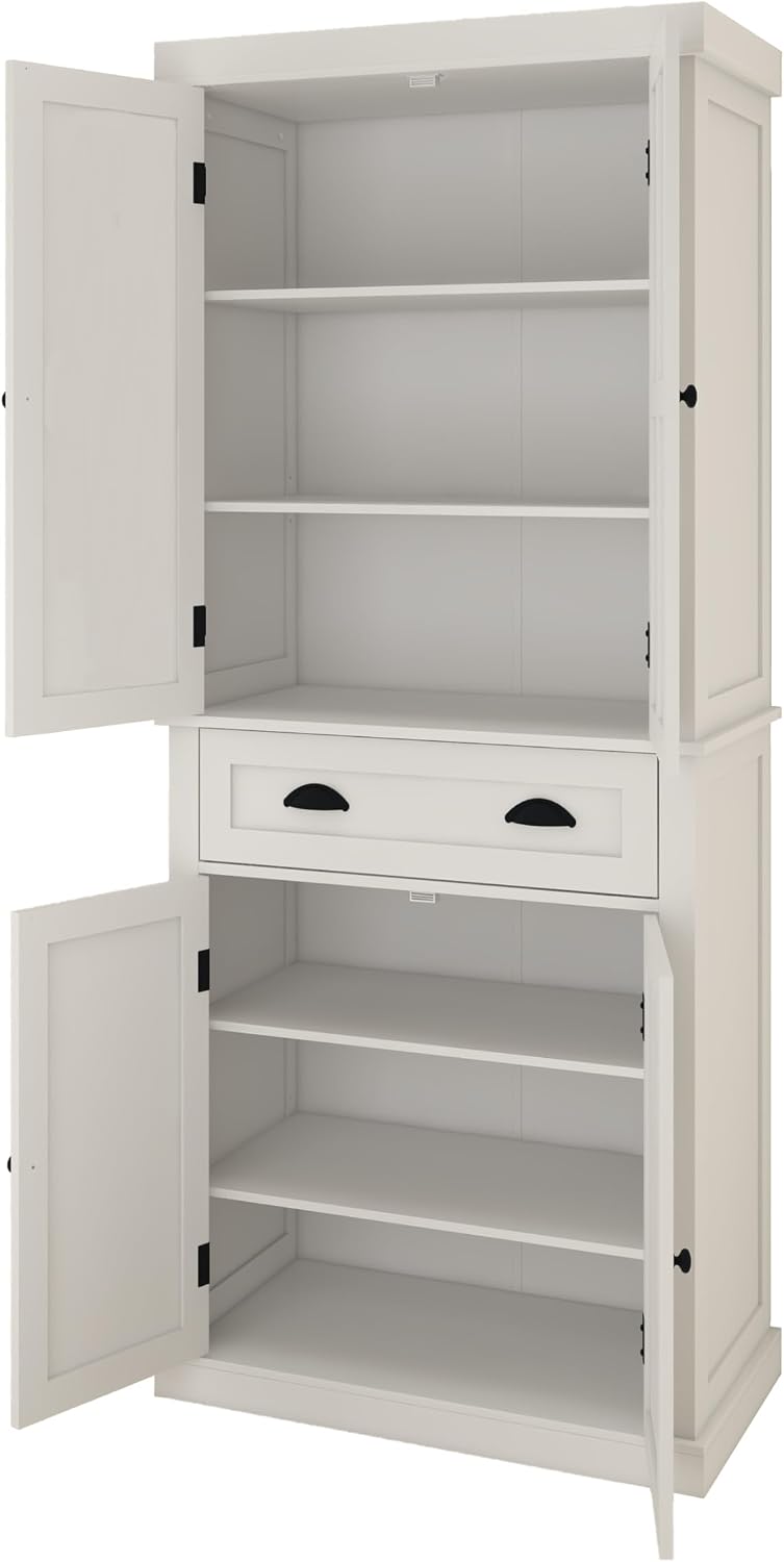 72' 4-Door Freestanding Storage Cabinet, Kitchen Storage Bakers Rack with Carved Design, Utility Food Cupboard with Adjustable Shelf for Kitchen Dining Laundry Room, White