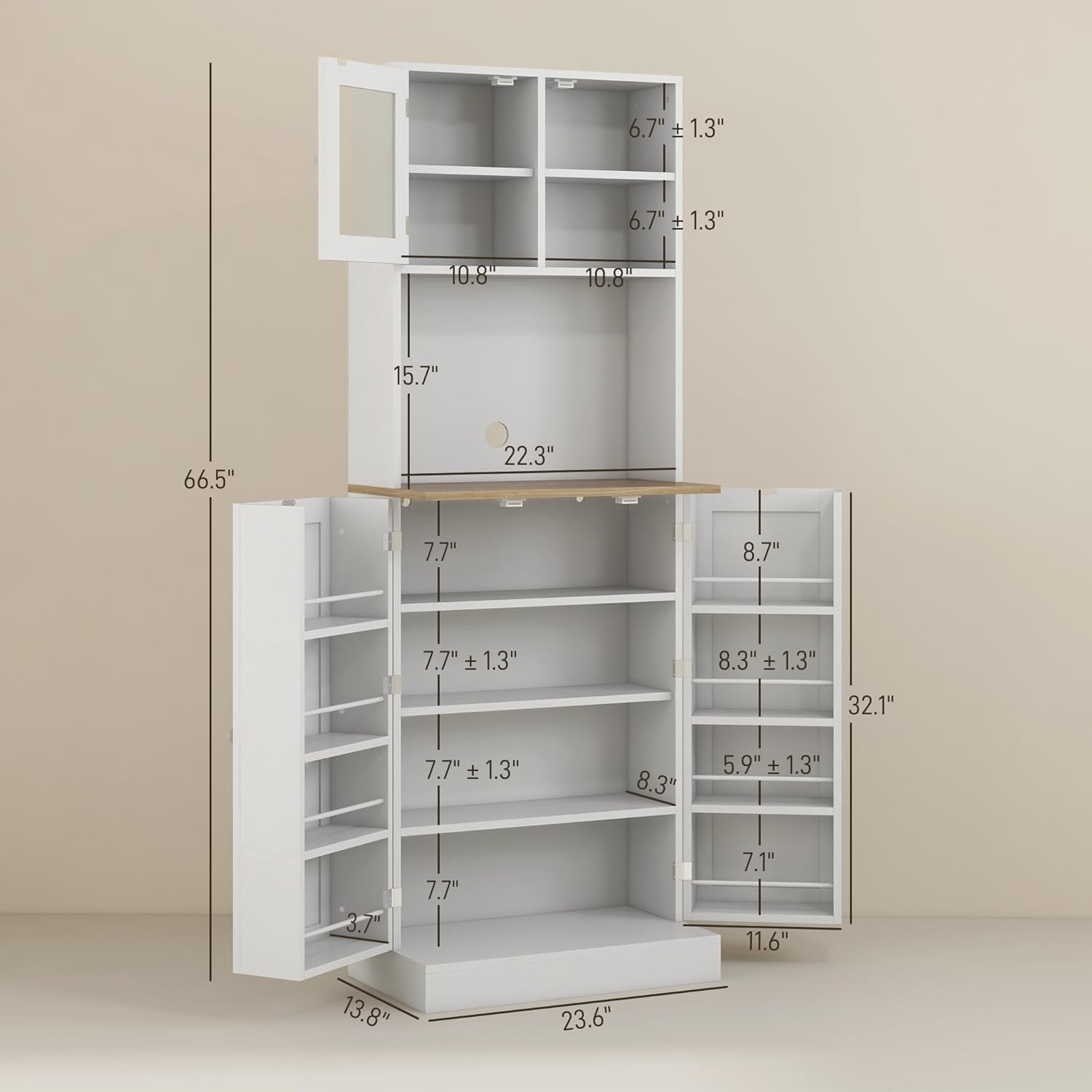 66' 8-Door & 5-Adjustable Freestanding Storage Cabinet, Kitchen Storage Bakers Rack with Microwave Stand, Utility Food Cupboard with Anti-tip Design for Kitchen Dining Areas, White