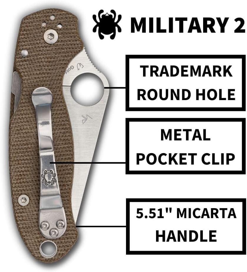 Spyderco Military 2 Folding Pocket Knife with 4' CPM Cru-Wear Steel Blade and Micarta Handle - EDC Knife for Men and Women, Perfect for Hunting, Tactical, Camping, Survival - PlainEdge - C36GP2