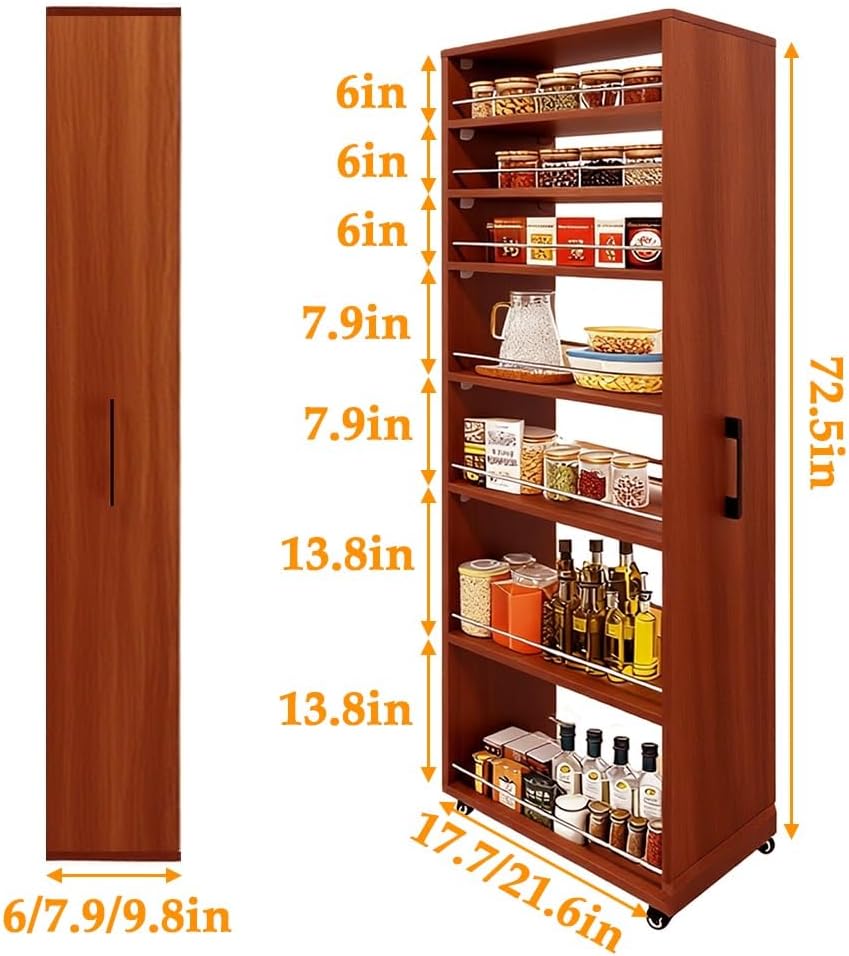 7-Tier Slim Storage Cart, Narrow Shelf Organizer, Wooden Rolling Pantry Cabinet with Wheels, for Kitchen, Bakers Rack, Dining Room, Closet(White,17.7' Dx9.8 Wx72.5 H)