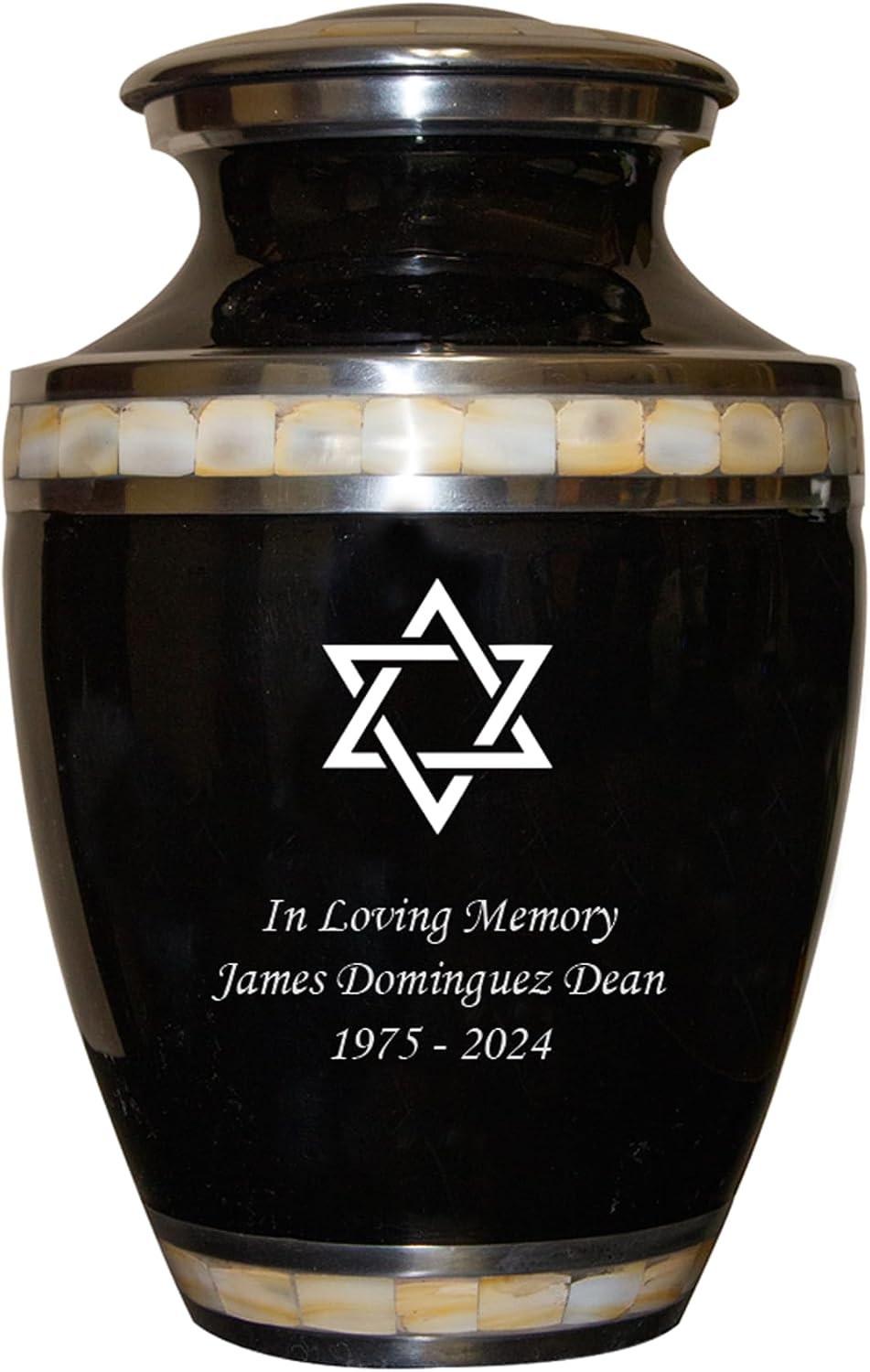 Star of David Cremation Urn for Human Ashes, Jewish Cremation Urn, Religious Ash Urns with Personalized Engraving (Black Mother of Pearl)