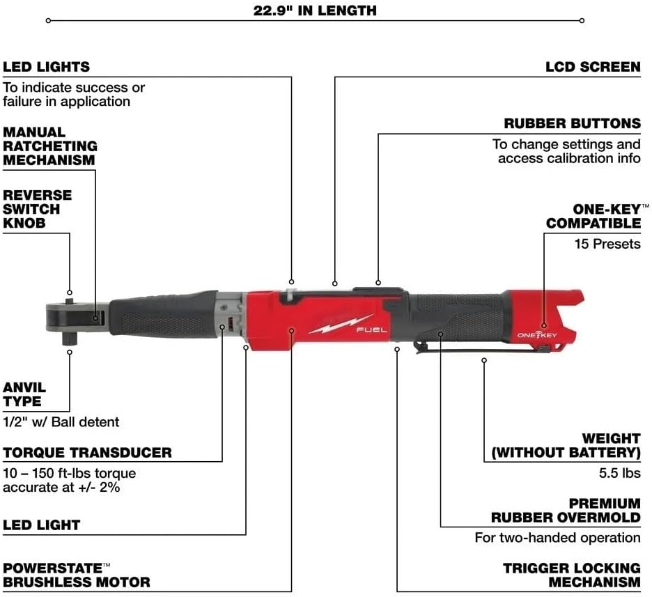 2466-20 Brushless Torque Wrench for Milwaukee M12 12V FUEL 1/2' Digital Torque Wrench w/ONE-KEY - Bare Tool