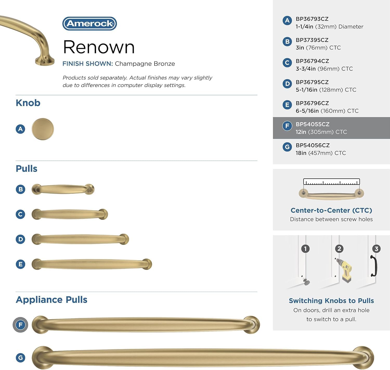 Amerock BP54055CZ | Champagne Bronze Appliance Pull | 12 inch (305 mm) Center-to-Center Cabinet Handle | Renown | Furniture Hardware
