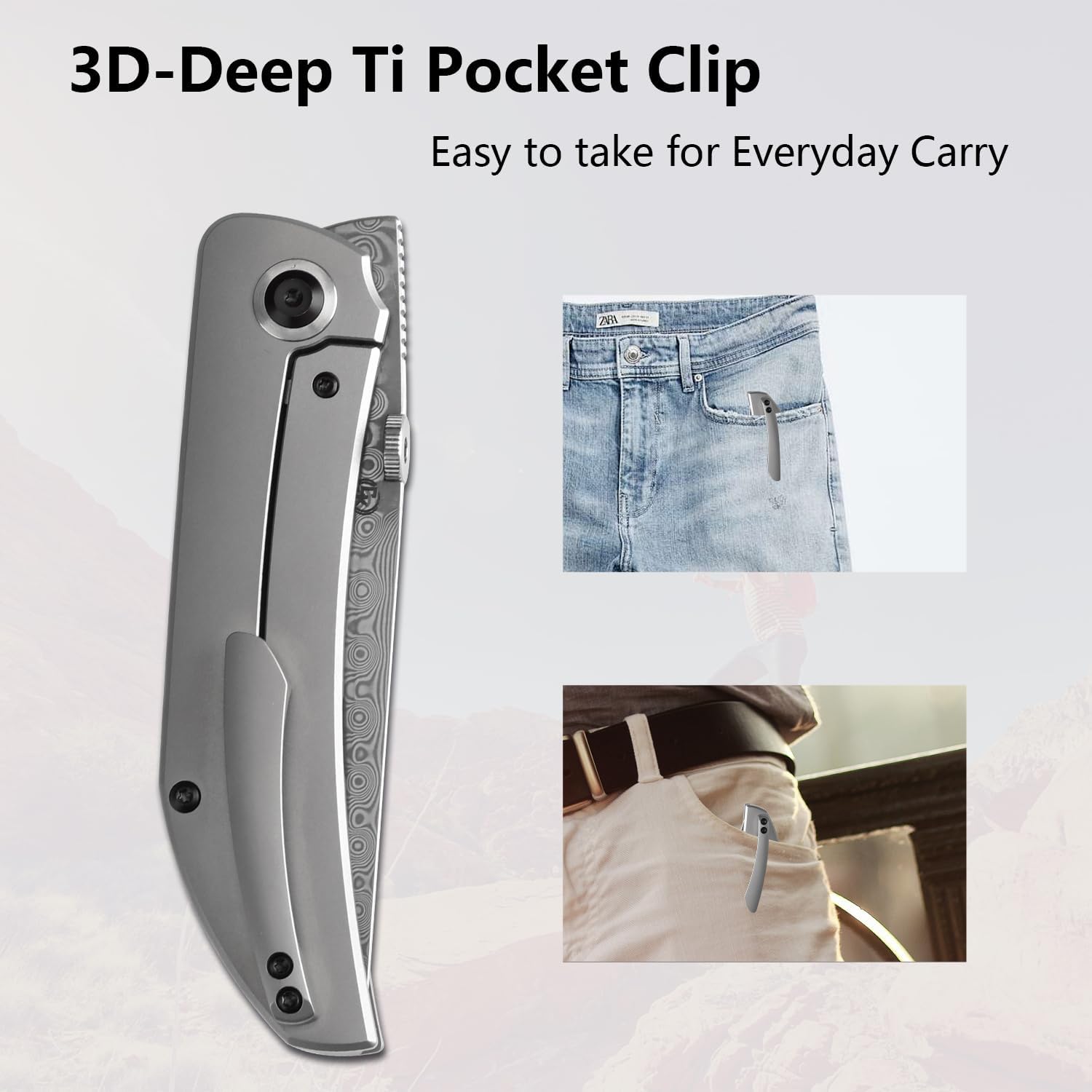 KANSEPT Tarkin Camping Pocket Knives for Men 7.87in Folding Pocket Knives with 3.42in Damascus Material and Bead Blasted Titanium Handle for Outdoor, Tactical, Survival K1078A4