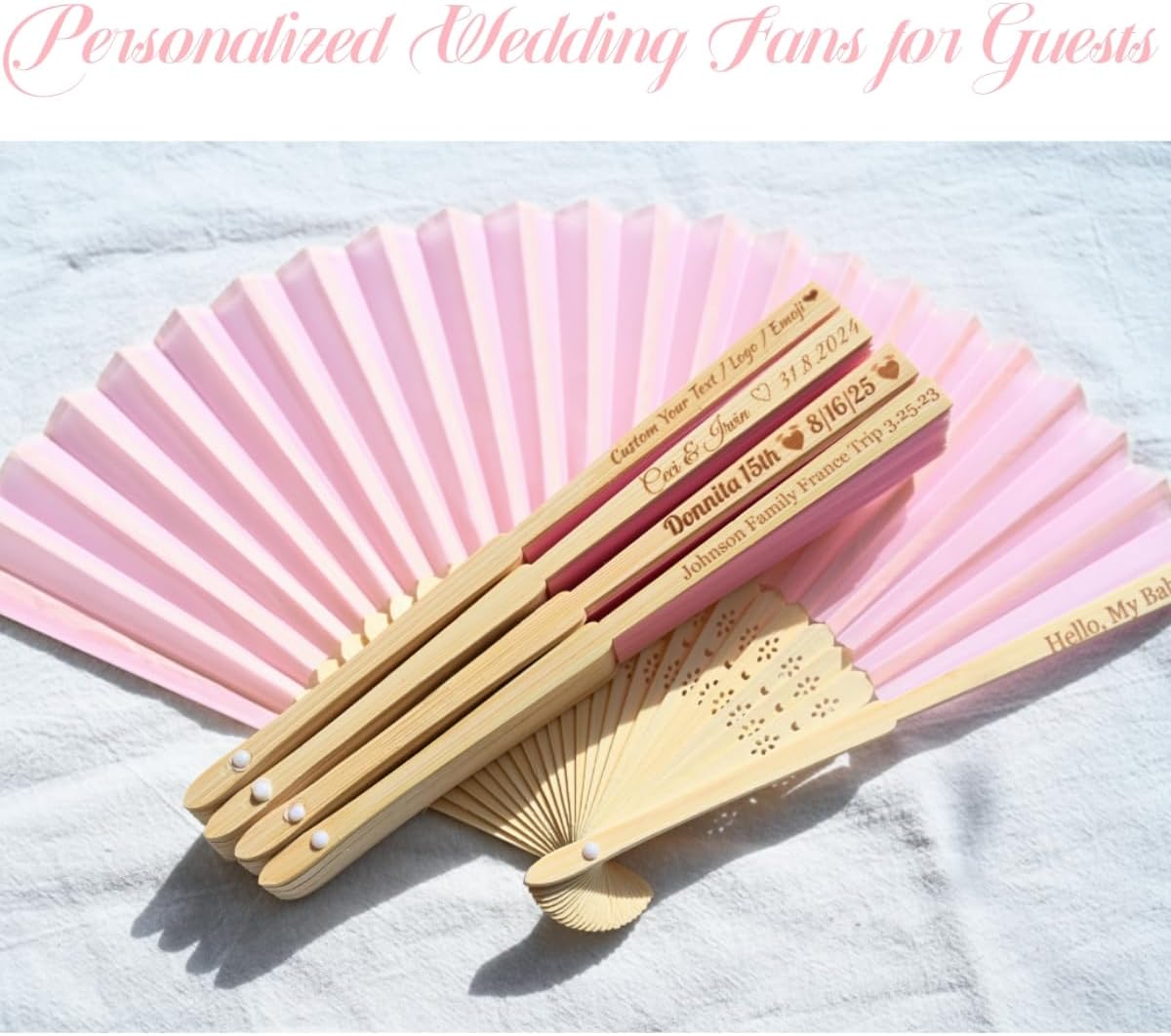 Custom Pink Silk Wedding Fans for Guests -128pcs Personalized Engraved Summer Wedding Fans,Bachelor Party Favor Bridal Shower Gift (Pink)