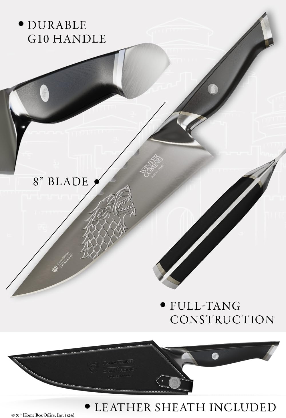 Dalstrong Game of Thrones House Stark 8' Chef Knife — German X50CRMOV15 Steel, Collecion Edition, G-10 Handle — Officially Licensed — For GoT Fans, Collectors & Real Kitchen Use