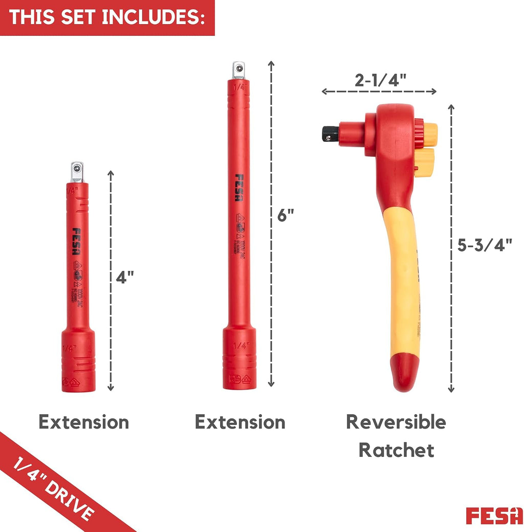 FESA Electrician Insulated Socket Set - 1000V 20-Piece Professional Insulated Ratchet & Socket Wrench Set (1/4' Drive) w/ 2 Extensions & 5 Hex Bits - 1000 Volt Tools for Electricians