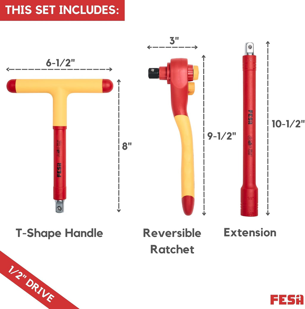 FESA Electrician Insulated Socket Set - 1000V 20-Piece Professional Insulated Ratchet & Socket Wrench Set (1/2' Drive) w/ 4 Hex Bits, T-Handle & Extension - 1000 Volt Insulated Tools for Electricians