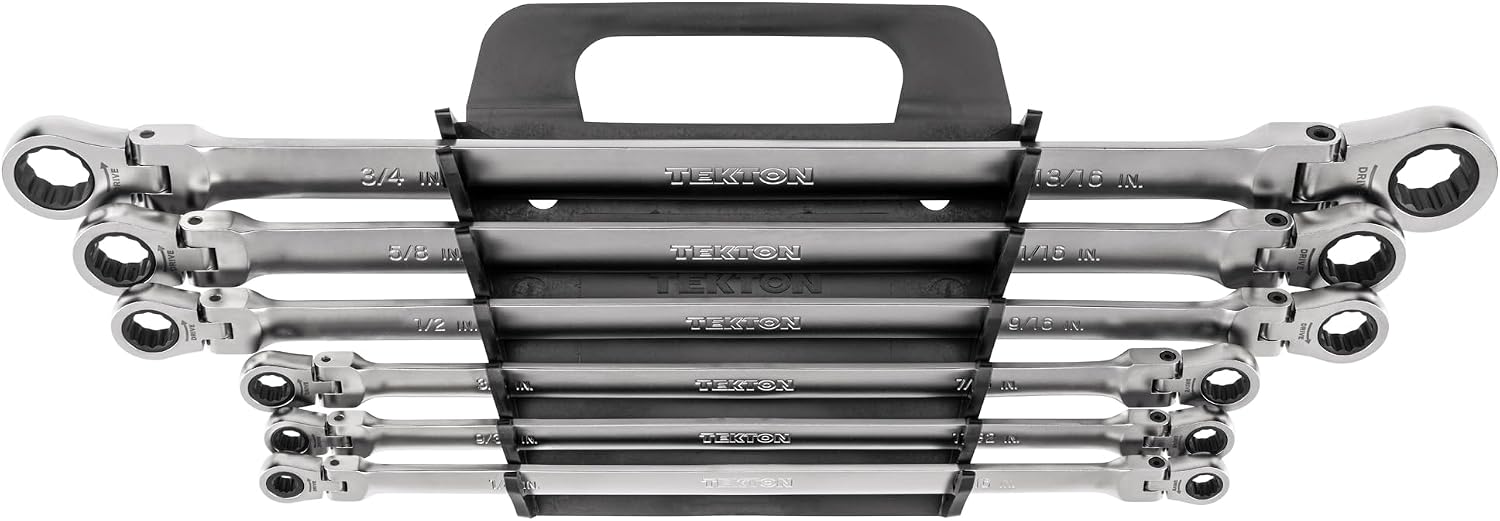 TEKTON Long Flex Head 12-Point Ratcheting Box End Wrench Set with Holder, 6-Piece (1/4-13/16 in.) | WRB96200