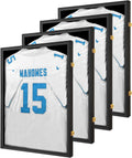 Jersey Frame Display Case 4 Pack-Wood Jersey Display Shadow Box- Lockable Jersey Frame with 2 Wall Hangers and UV Protected Acrylic for Football Baseball Basketball Jersey-Black