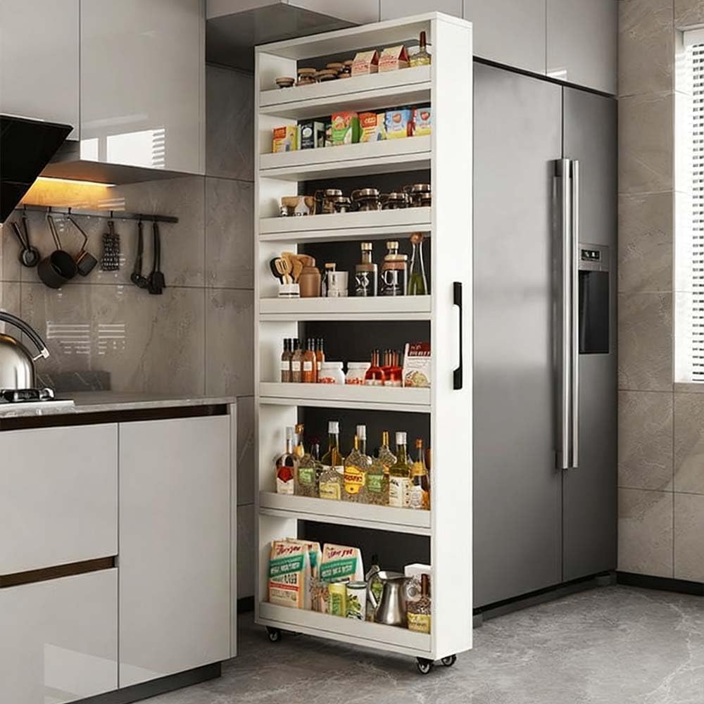 Slim Storage Cart with Wheels, Next to Fridge Storage Spice Rack, Kitchen Rolling Cart, Wood Storage Organizer for Kitchen, Bakers, Pantry, Dining Room (White,10' L x 22' W x 73' H)