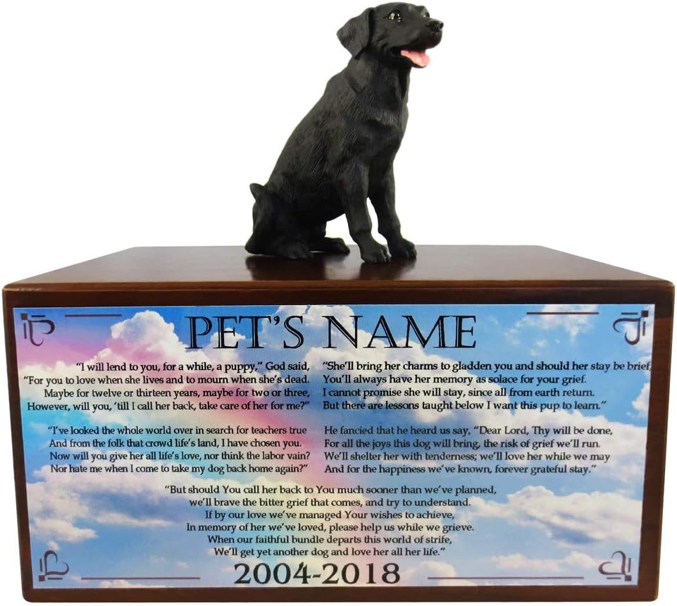 Wooden Pet Urns for Dogs with Black Labrador Figurine & Poem Lend Me A Puppy | Personalized Dog Memorial Urn for Ashes | Medium Paulownia Pet Urn for Lab | Pet Memorial | Conversation Concepts