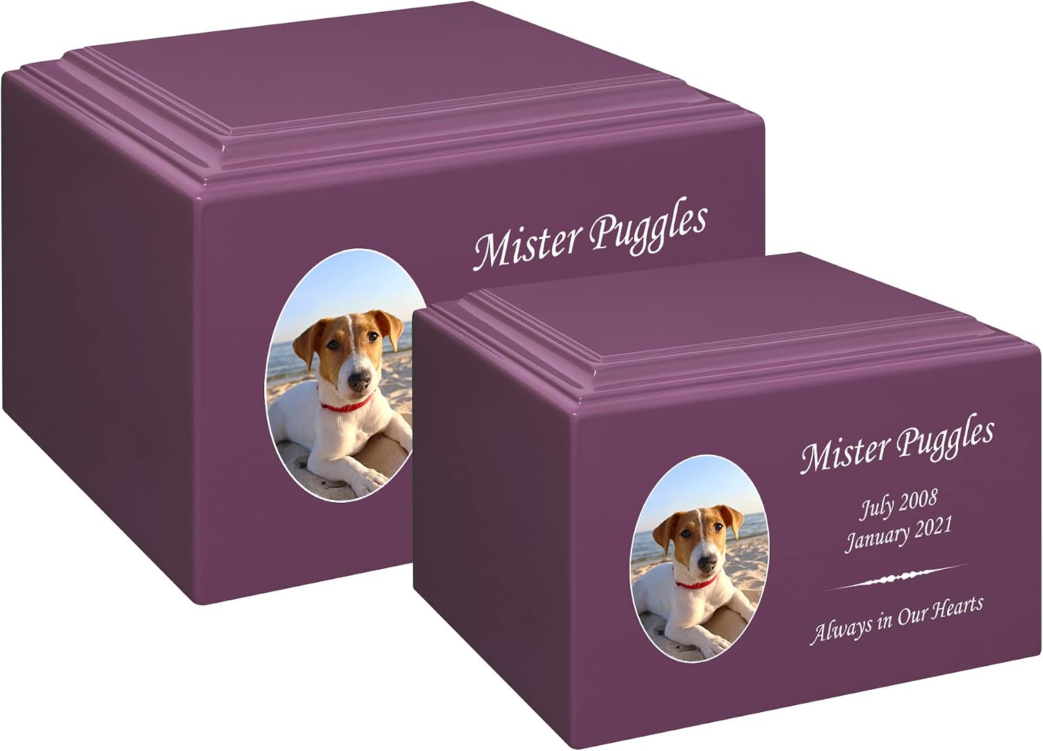 Mainely Urns Stonewood Medium Custom Pet Photo Cremation Urn for Pet Ashes - Engineered Wood Cremation Urn for Dog Ashes or Cat Ashes - 110 Cubic Inch Capacity - Customization Included (Amethyst)