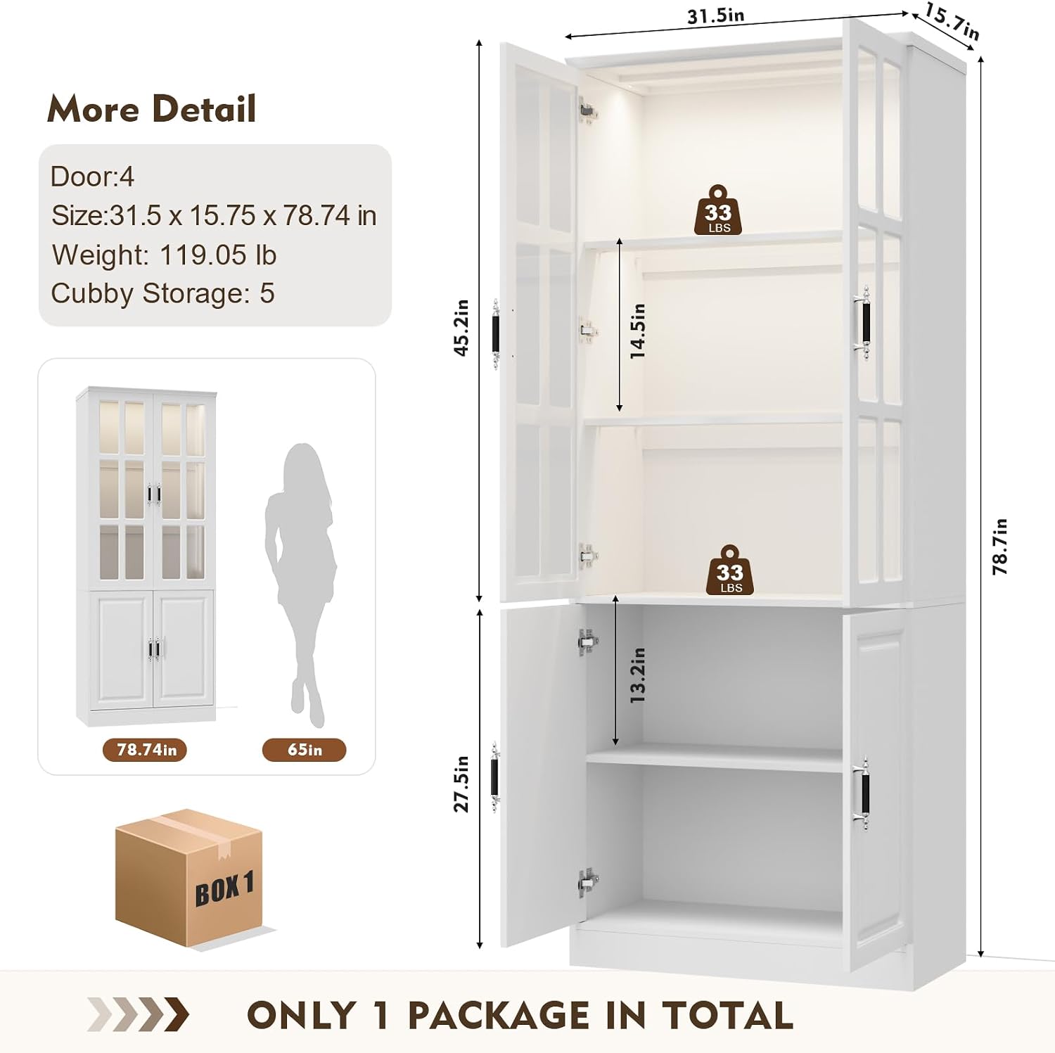 MEISSALIVVE Kitchen Pantry Storage Cabinet with LED Lights, 78.7' Tall with Glass Doors & Drawers, Freestanding Utility Cabinet, White (31.5' W x 15.7' D)