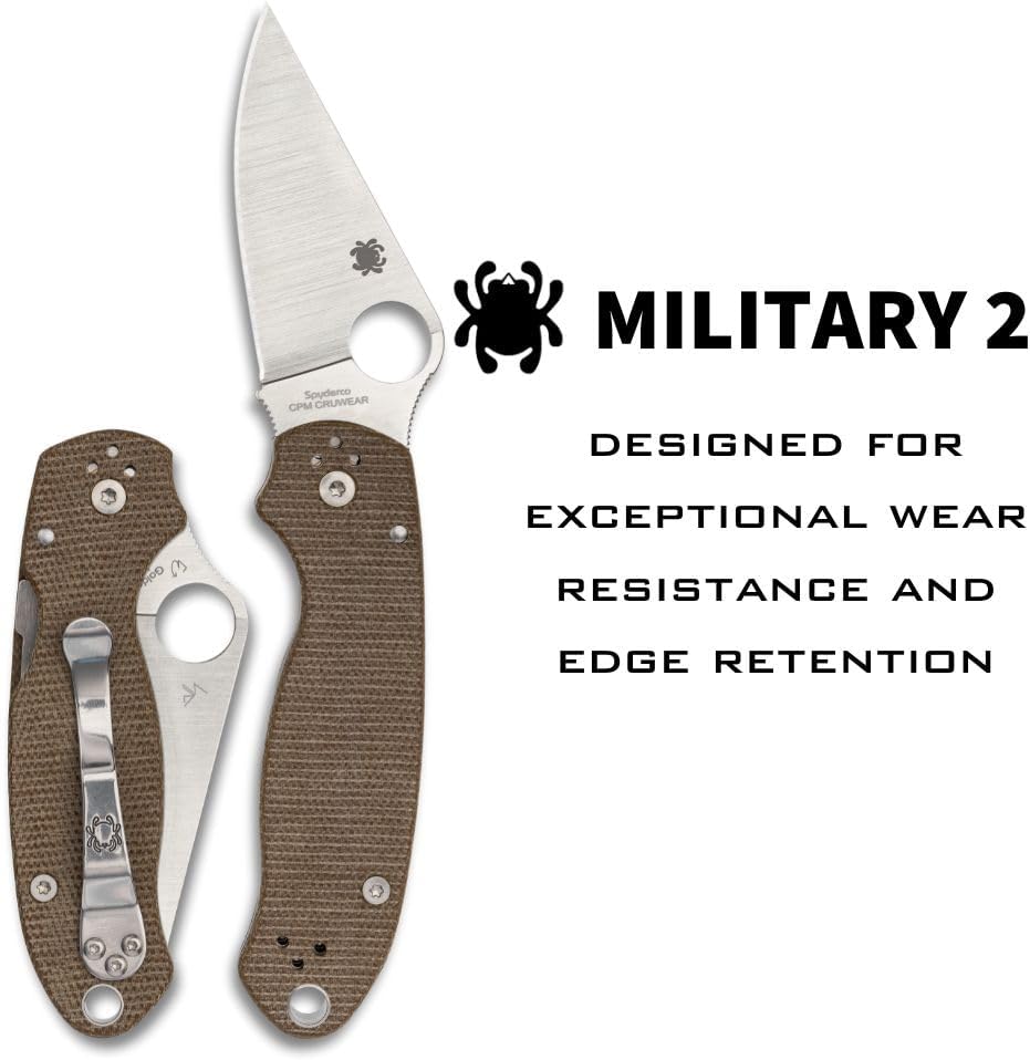 Spyderco Military 2 Folding Pocket Knife with 4' CPM Cru-Wear Steel Blade and Micarta Handle - EDC Knife for Men and Women, Perfect for Hunting, Tactical, Camping, Survival - PlainEdge - C36GP2